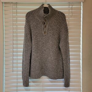 Pullover Sweater Mens Medium Grey Ribbed Chunky Knit Mock Neck Four Button Thick